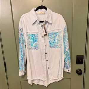 L/C Lizette Collection Light Blue Denim Jacket with Aqua and Iridescent Sequins